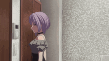 a girl with purple hair stands in front of a floral wallpaper