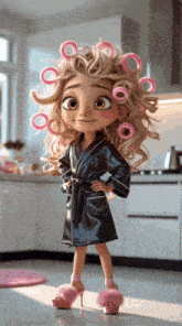 a cartoon girl with curlers in her hair is wearing a black robe