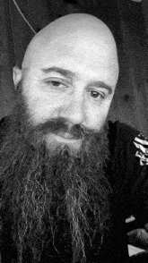 a bald man with a beard and mustache is wearing a black shirt with an american flag on it .