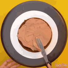 a person is cutting a cake with a knife on a plate that says easy plus on it