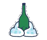 a cartoon drawing of a green bottle laying on a pile of ice