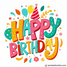 a colorful happy birthday greeting with balloons and flowers