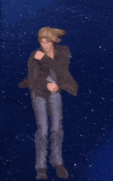a man in a black jacket and jeans is standing in front of a blue background with stars