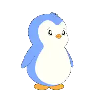 a blue and white penguin is standing next to a door