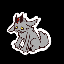 a drawing of a cat with horns and yellow eyes on a black background