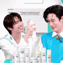 two men are standing in front of bottles of curel cosmetics