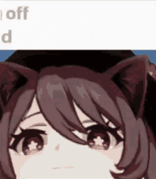 a close up of a cartoon girl with cat ears looking up .