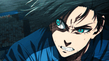 a close up of a man with blue eyes