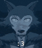 a close up of a cartoon wolf with the number 3 in the corner