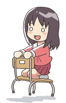 a cartoon girl is sitting on a chair and smiling