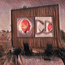 a painting of a wooden structure with a sign that says cc