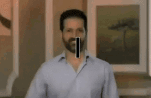 a man with a beard is standing in front of a framed picture of a horse