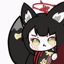 a cartoon drawing of a girl with a cat 's tail and ears holding a knife .