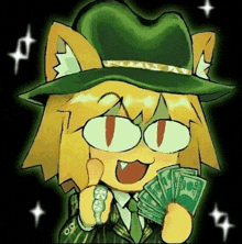 a cartoon cat in a green hat is holding a bunch of money .