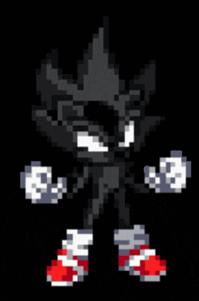 a pixel art of sonic the hedgehog with red shoes and white gloves