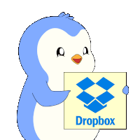 a blue penguin holding a sign that says dropbox