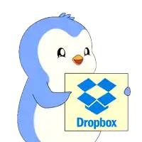 a blue penguin holding a sign that says dropbox