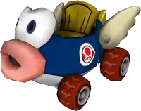 a blue and white cartoon character with red wheels and a yellow seat