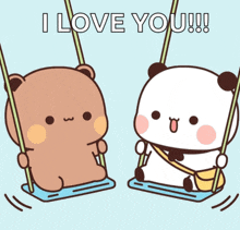 two cartoon bears sitting on swings with the words i love you