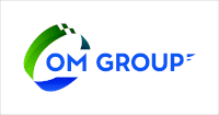 a blue and green logo for om group with a white background