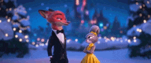 a fox and a rabbit are standing next to each other in the snow . the rabbit is wearing a yellow dress .