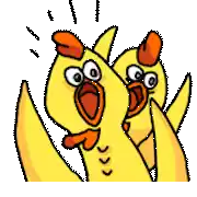 a cartoon of two yellow chickens with their arms up in the air