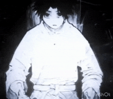 a black and white drawing of a person in a white shirt