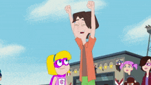 a group of cartoon characters including a girl with a g on her shirt