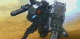 a robot with a gun and shield is flying through the air in a video game .