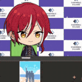 a girl with red hair is standing in front of a ensemble square background