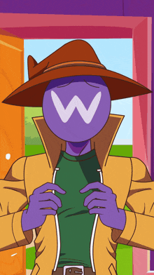 a cartoon character with a hat and a letter w on his head