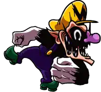 a cartoon character with a yellow hat and a purple nose is wearing a purple jumpsuit and green shoes .