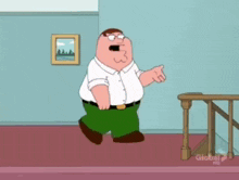 peter griffin from family guy is standing on a staircase .