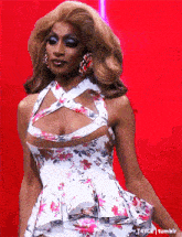 a woman in a floral dress with a plunging neckline