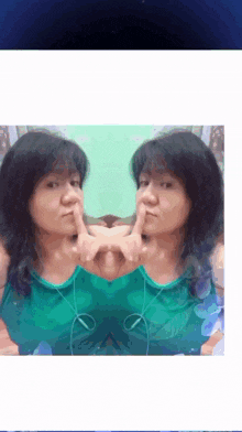 a woman in a green tank top is making a face