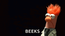 a stuffed animal with red hair is holding a microphone in front of a black background that says beeks