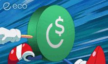 a green coin with a dollar sign on it and the word eco on the bottom
