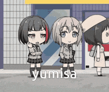 two anime girls are standing next to each other in front of a building and the word yumisa is on the bottom of the image .