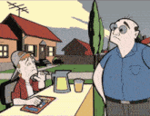 a cartoon of a man standing next to a boy sitting at a table with a bag of chips