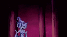 a cartoon character with a purple hat and a purple body is standing in a dark room .