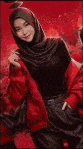a woman in a hijab is standing in front of a crowd in a painting .