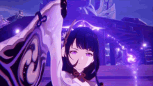 a girl with purple eyes is standing in front of a building in a video game and holding a purple object .