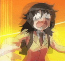 a girl in a suit and tie is screaming with her mouth wide open