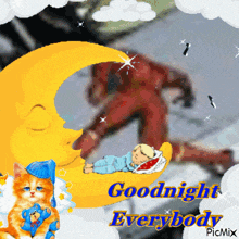 a picture of a baby sleeping on a crescent moon with the words goodnight everybody on the bottom