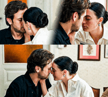 a man and a woman are kissing each other in a room