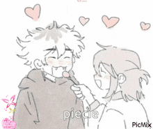 a drawing of a girl feeding a boy a lollipop with the word piecie written on it