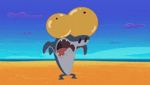 a cartoon crocodile is running on a beach with a blue sky in the background