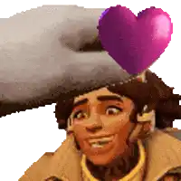 a man with a purple heart on his head is smiling