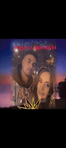 a poster for perseo andromeda shows a man and a woman posing for a photo