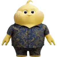 a yellow cartoon character wearing a blue and gold shirt and pants
